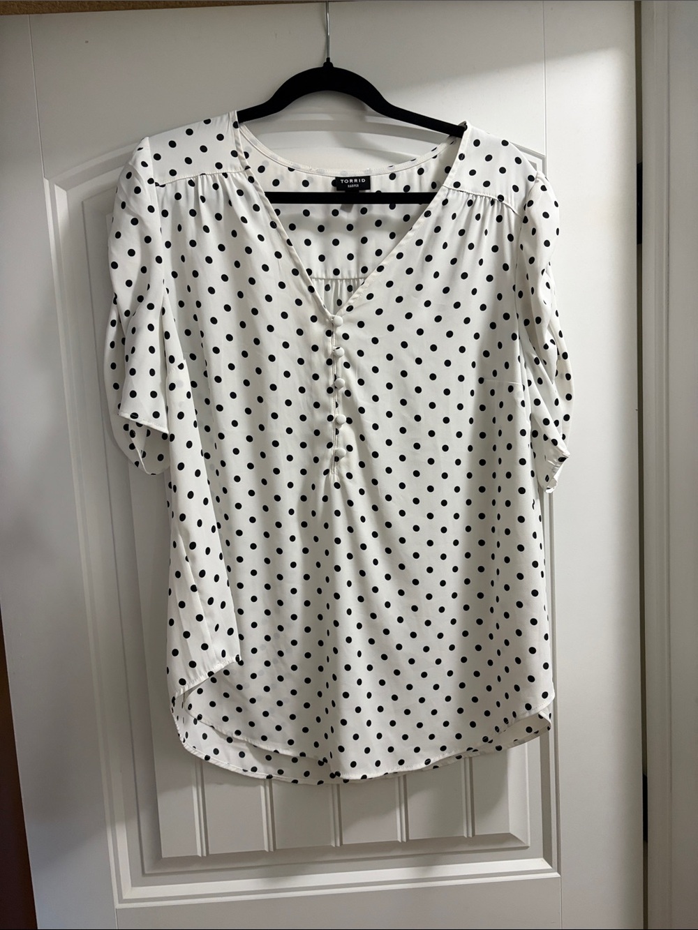 White and Black Polka Dot V-Neck Blouse